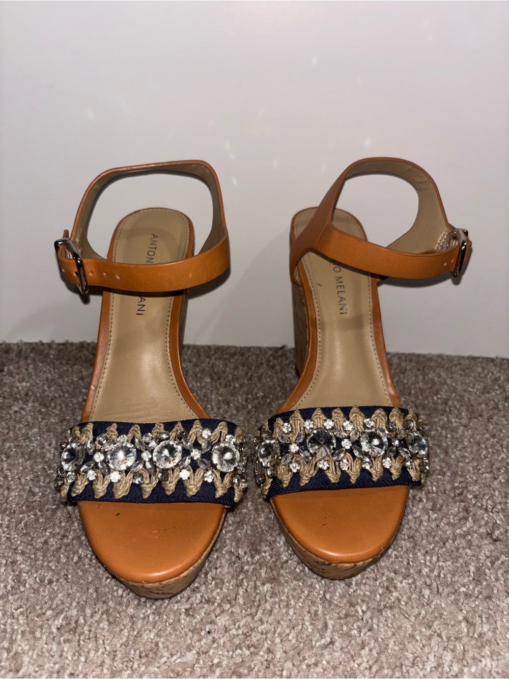 ANTONIO MELANI Tan Wedge Sandals with Navy Jeweled Front Strap